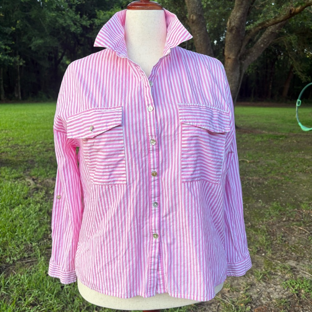 ENTRO COTTON LIGHT PINK WHITE THIN STRIPE BOXY LONG SLEEVE BUTTON DOWN POCKETS